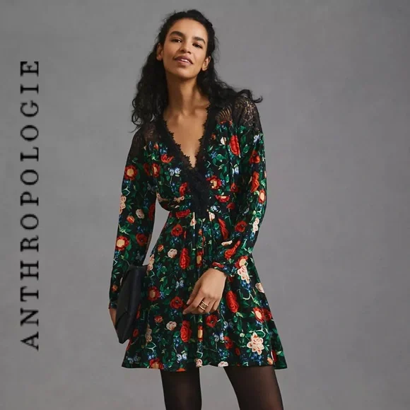 Mini Dress Anthropologie Black Floral Dress Farm Rio X Anthropologie One-Shoulder  Linen Flower Mini Dress